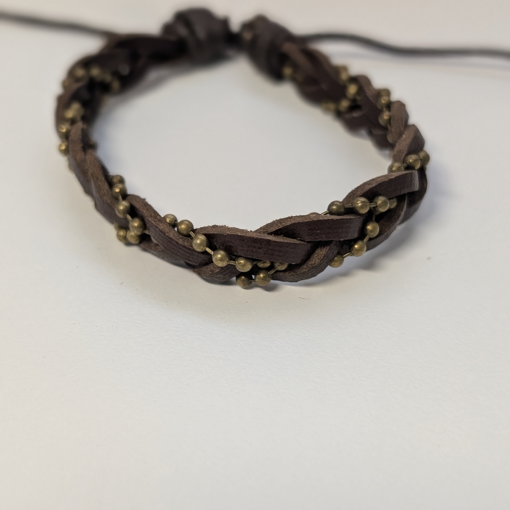 Braided Leather Bracelet with Brass Accents